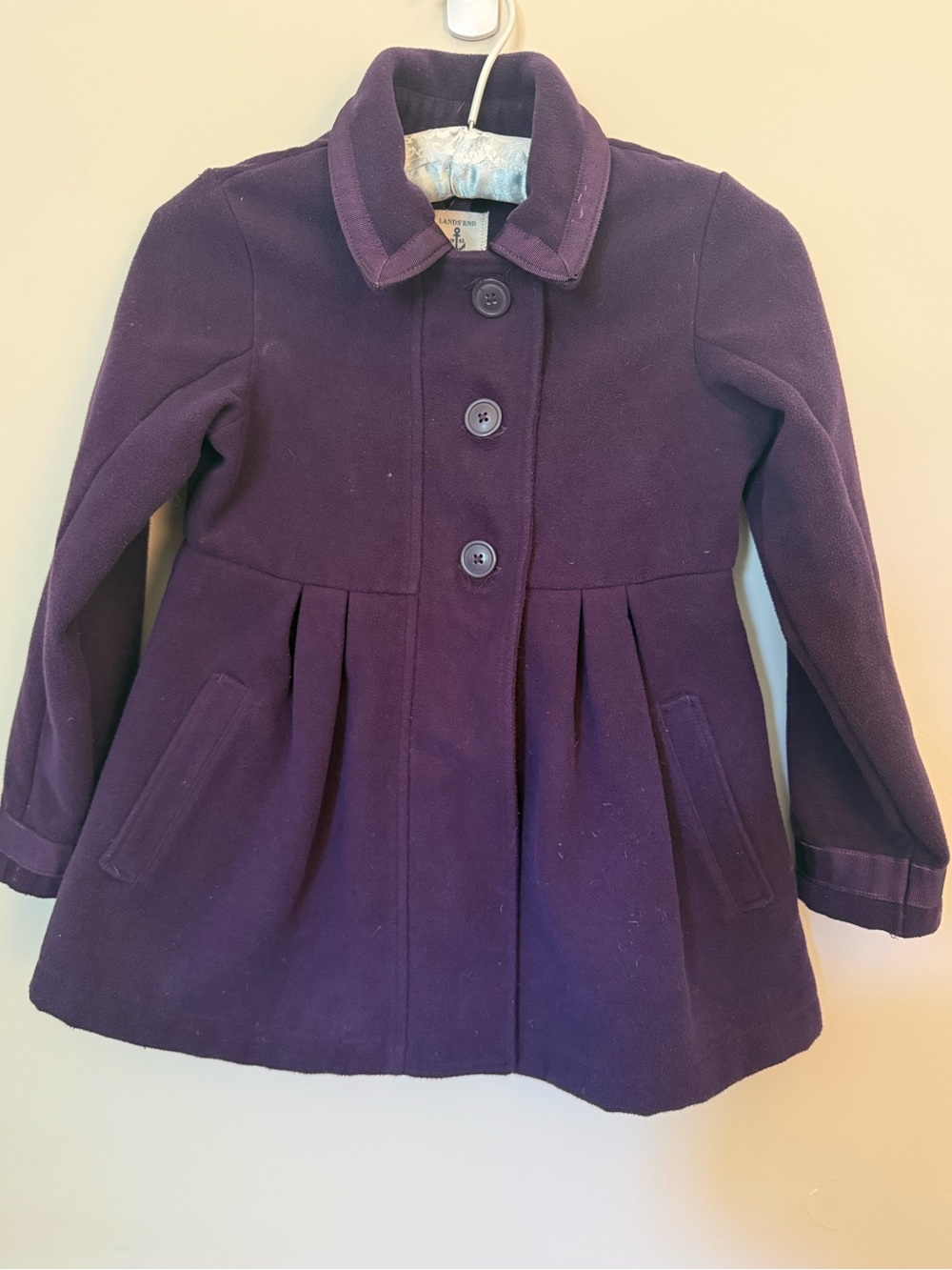 Lands End Kids Purple Button-Front Peacoat Jacket, size medium 5-6
